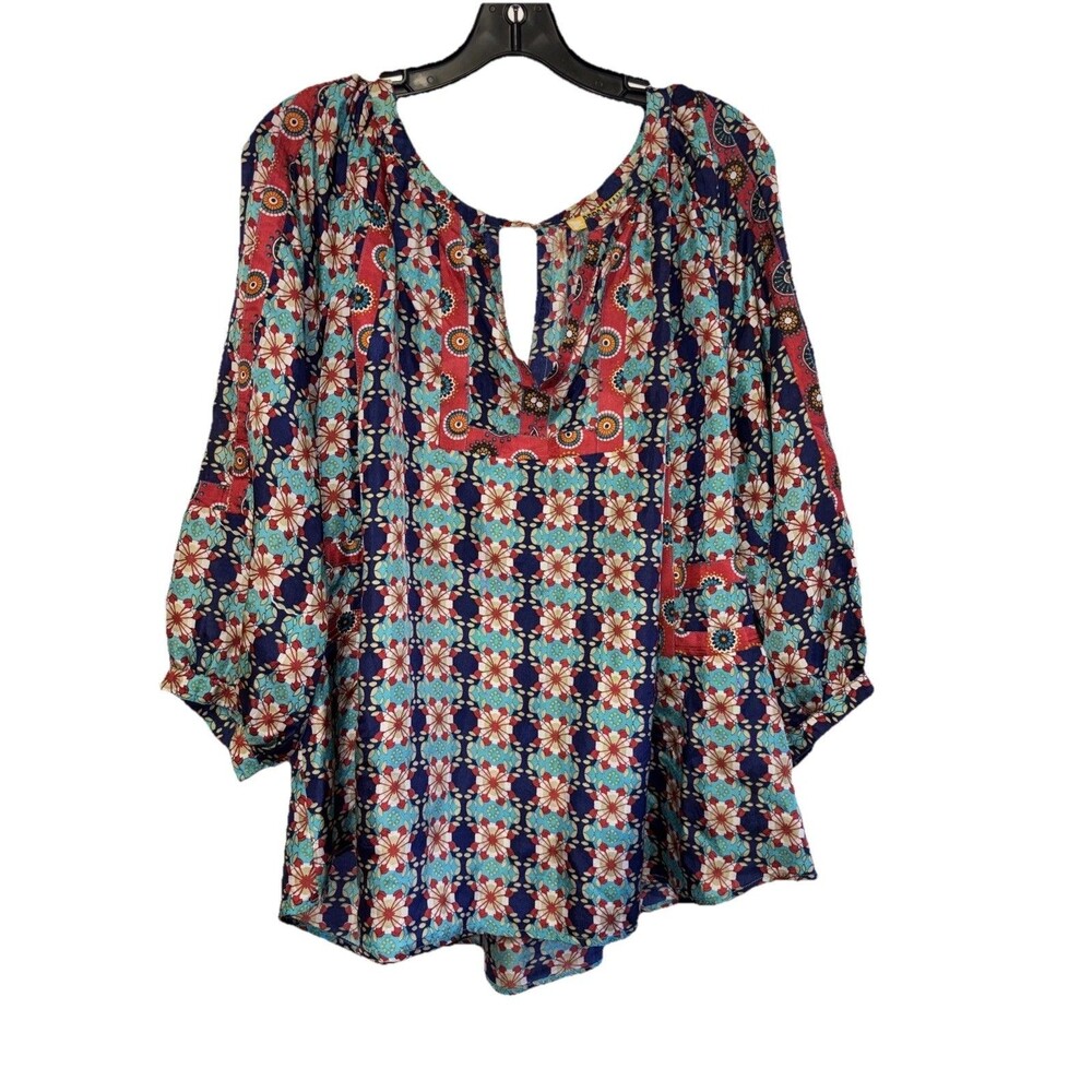 Persaman New York Silk Peasant blouse multicolored 1X V Neck Cut Out Popover